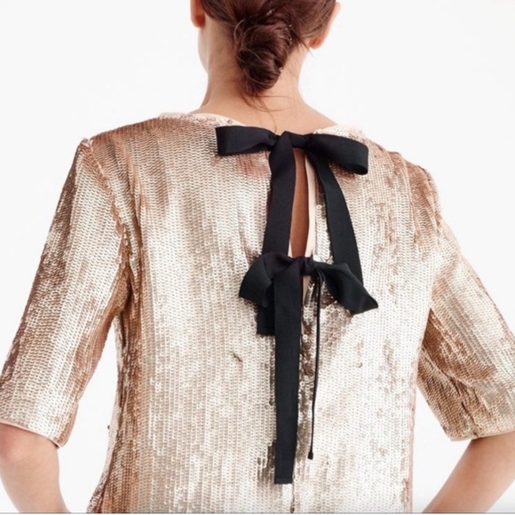 J.Crew Bianca Rose Gold Full Sequin Blouse 12 with gross grain black ties - Picture 4 of 9